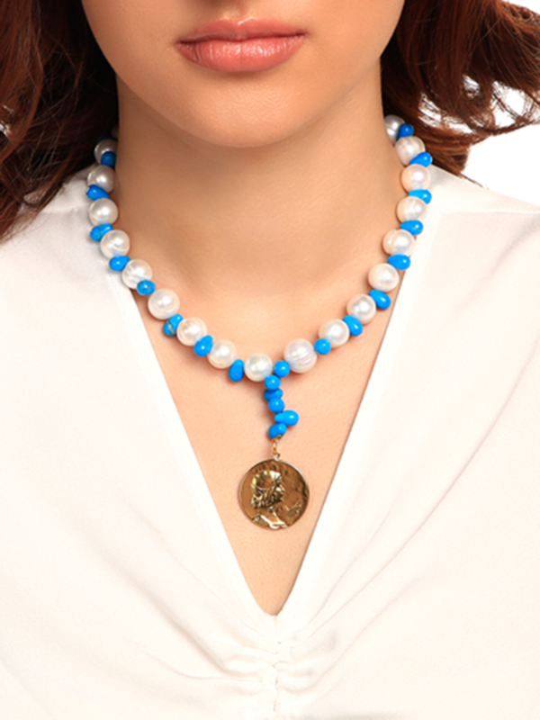 Blue and White Beaded Necklace with Gold Pendant