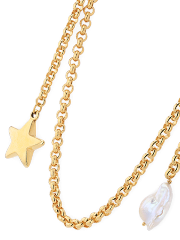 Yellow Gold Wrap Necklace with Star and Baroque Pearl Charms
