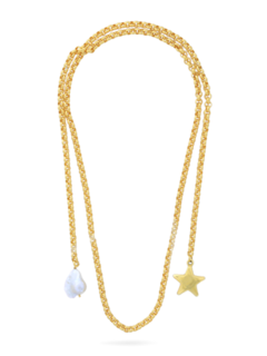 Yellow Gold Wrap Necklace with Star and Baroque Pearl Charms