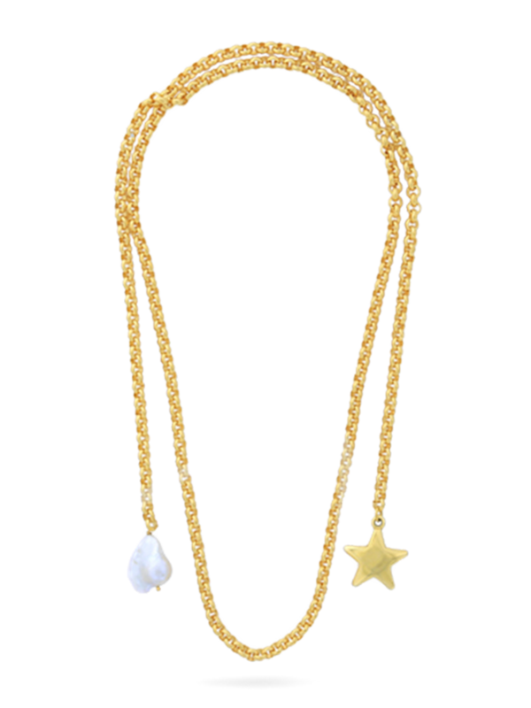 Yellow Gold Wrap Necklace with Star and Baroque Pearl Charms