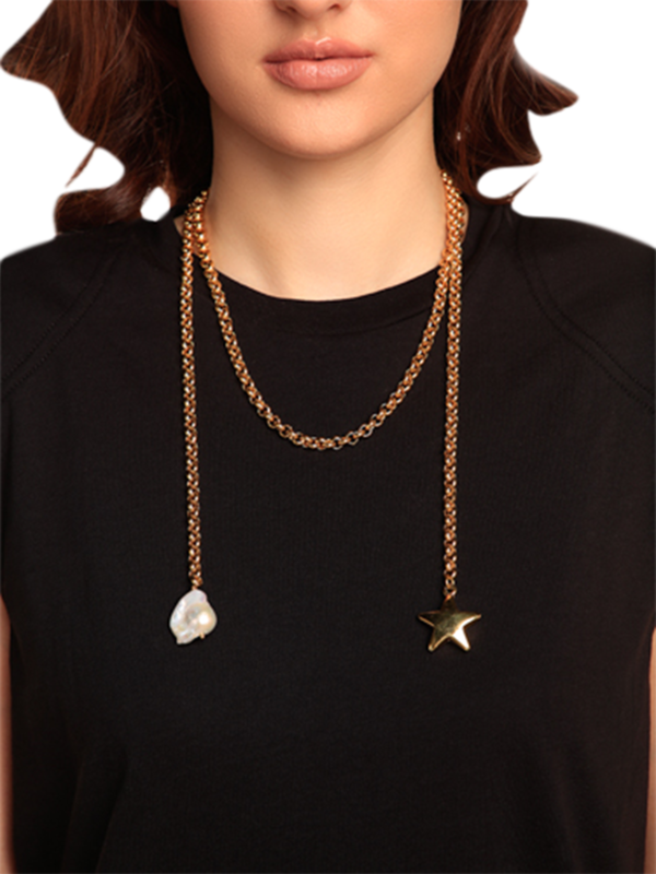 Yellow Gold Wrap Necklace with Star and Baroque Pearl Charms