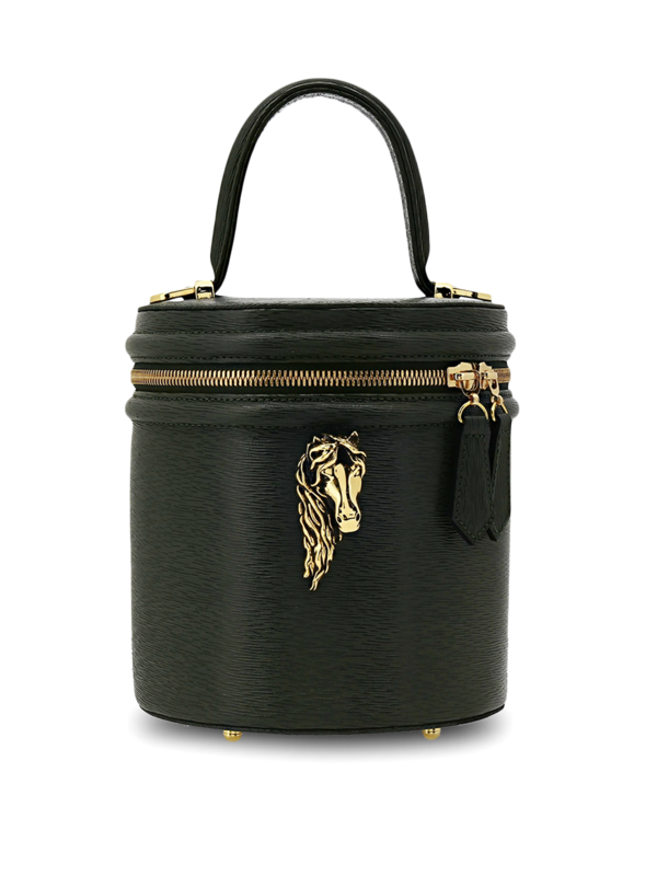 Structured Bucket Bag with Gold Horse Embellishment