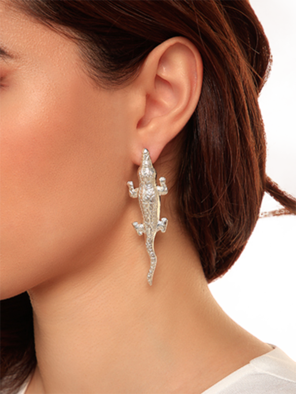 Silver Tone Alligator Earrings