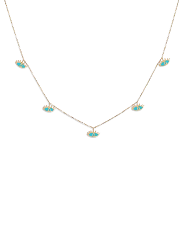 قلادة ذهبية مطلية بالمينا ومزينة بخمس دلايات بتصميم عين الحسد