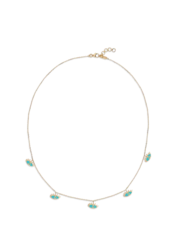 قلادة ذهبية مطلية بالمينا ومزينة بخمس دلايات بتصميم عين الحسد