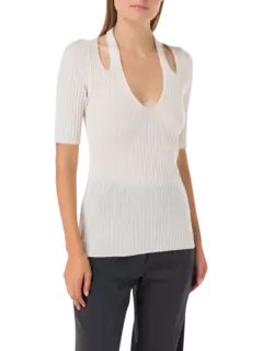 سترة محبوكة مضلعة بأكمام قصيرة ورقبة على شكل حرف V