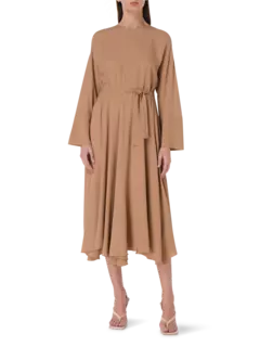 فستان كريب دي شاين متوسط الطول بأكمام طويلة ورقبة دائرية