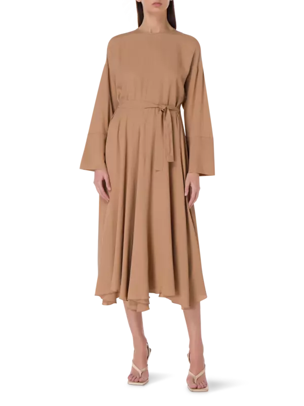 فستان كريب دي شاين متوسط الطول بأكمام طويلة ورقبة دائرية