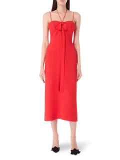 فستان متوسط الطول من قماش الكادي مزين بتفاصيل على الصدر