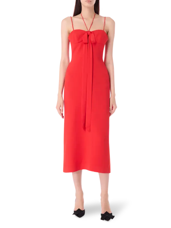 فستان متوسط الطول من قماش الكادي مزين بتفاصيل على الصدر