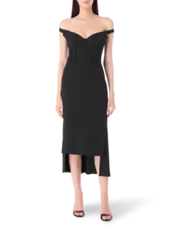 فستان متوسط الطول مكشوف الكتفين مزين بطيات مزدوجة