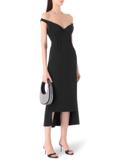 فستان متوسط الطول مكشوف الكتفين مزين بطيات مزدوجة