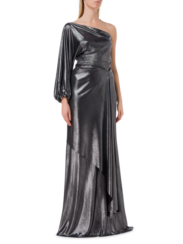 فستان "روزالي" طويل من قماش الجيرسيه بلون ميتاليك