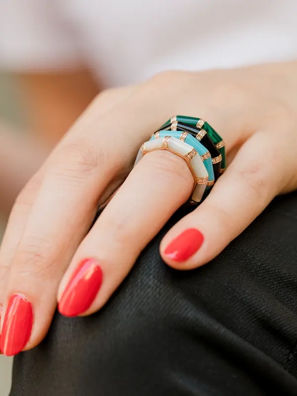 Bamboo Enamel Ring With Diamond | 18k Yellow Gold