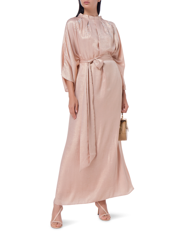 Peach Caftan w/ pleated neck embroidery