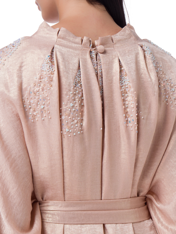 Peach Caftan w/ pleated neck embroidery
