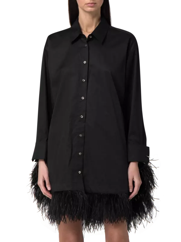 فستان بنمط قميص بحافة من الريش