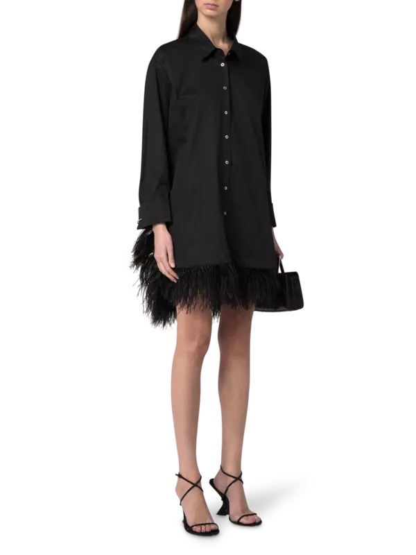 فستان بنمط قميص بحافة من الريش