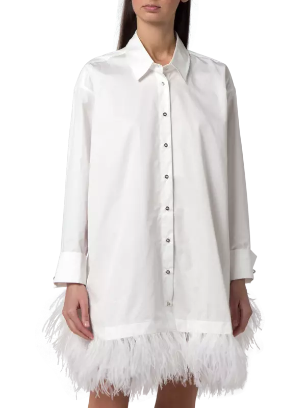 فستان بنمط قميص بحافة من الريش