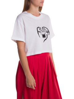White Crop T-Shirt with Black Embroidery