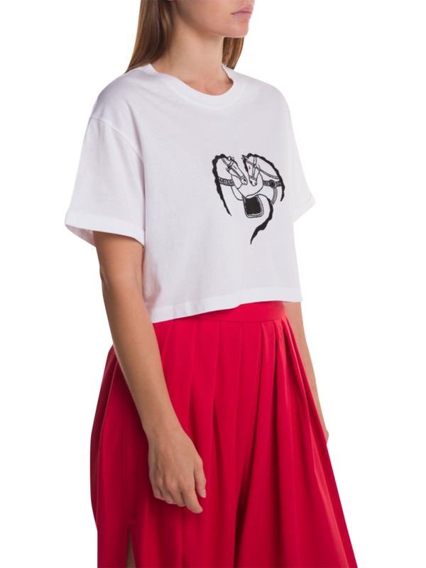 White Crop T-Shirt with Black Embroidery
