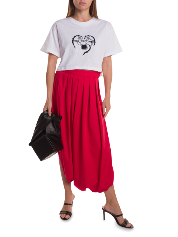 White Crop T-Shirt with Black Embroidery
