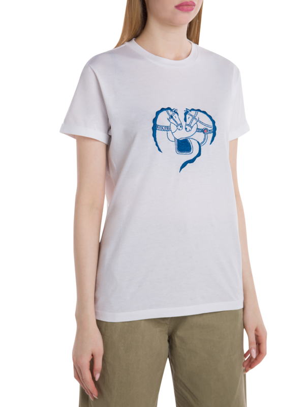 White T-Shirt with Embroidered Blue Horses