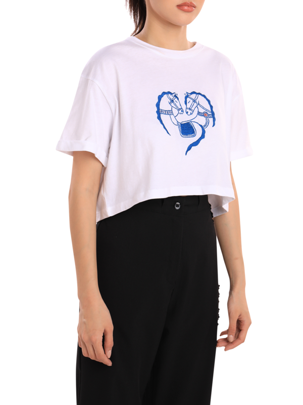 White Crop T-Shirt with Blue Embroidery