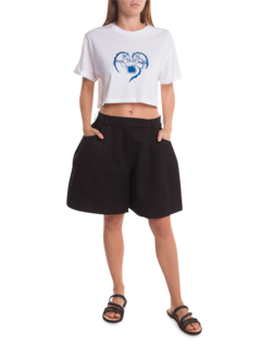 White Crop T-Shirt with Blue Embroidery