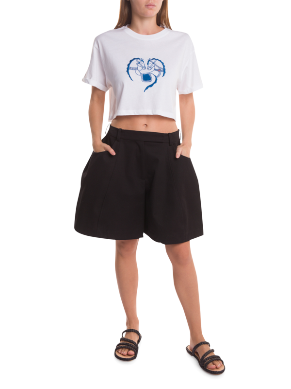 White Crop T-Shirt with Blue Embroidery