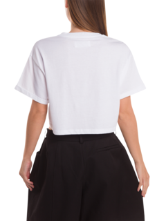 White Crop T-Shirt with Blue Embroidery