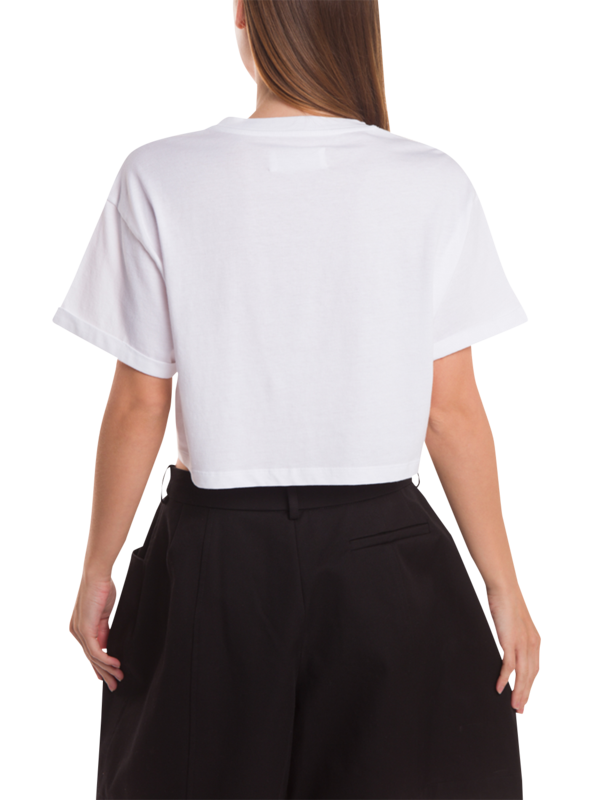 White Crop T-Shirt with Blue Embroidery
