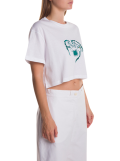 White Crop T-Shirt with Green Embroidery