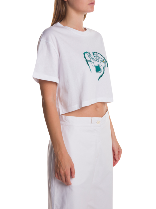 White Crop T-Shirt with Green Embroidery