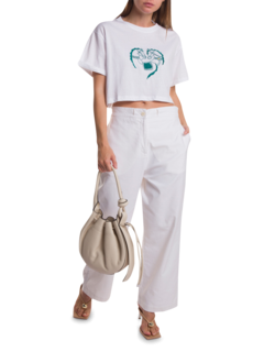 White Crop T-Shirt with Green Embroidery