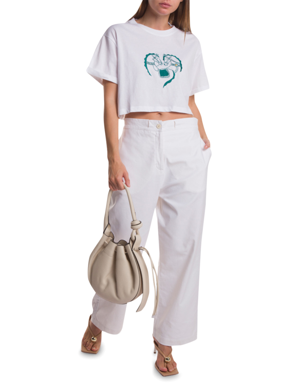 White Crop T-Shirt with Green Embroidery