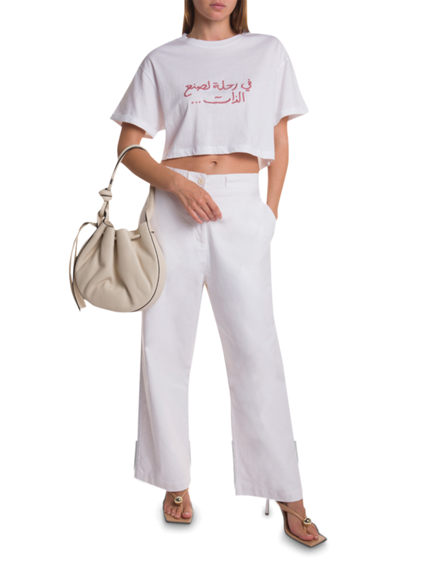 White Crop T-Shirt with Pink Arabic Embroidery