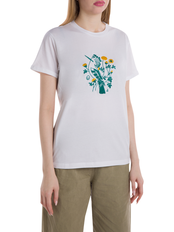 White T-Shirt with Embroidered Green Woodpecker