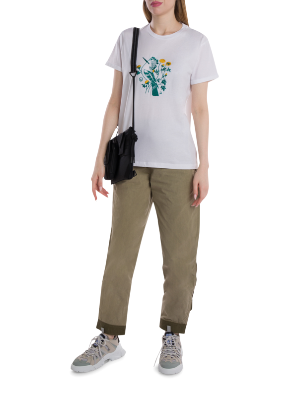 White T-Shirt with Embroidered Green Woodpecker