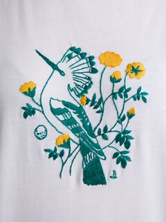 White T-Shirt with Embroidered Green Woodpecker