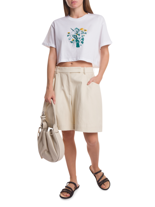 White Embroidered Crop T-Shirt
