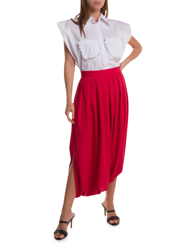 Red Pleated Skirt with Side Slits