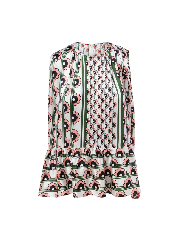 Satin Silk Printed Peplum Sleeveless Top