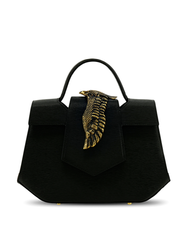 Structured Handbag with Cutout Flap and Statement Eagle Embellishment