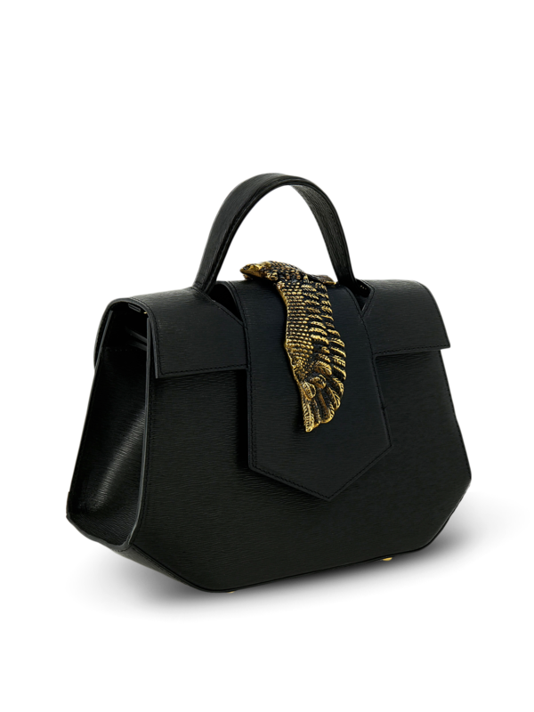 Structured Handbag with Cutout Flap and Statement Eagle Embellishment