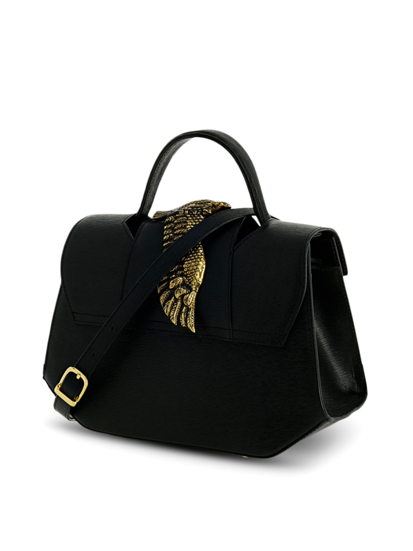 Structured Handbag with Cutout Flap and Statement Eagle Embellishment