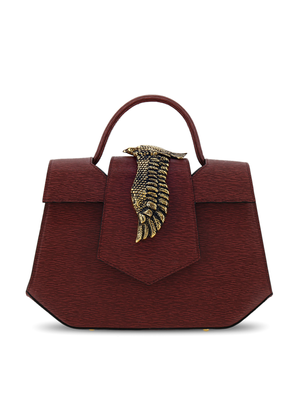 Structured Handbag with Cutout Flap and Statement Eagle Embellishment