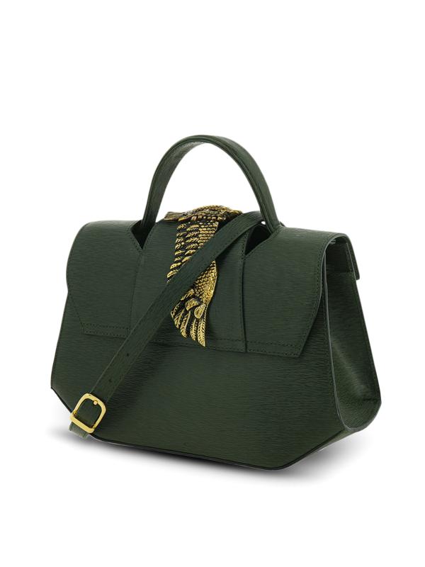 Structured Handbag with Cutout Flap and Statement Eagle Embellishment