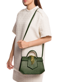 Structured Handbag with Cutout Flap and Statement Eagle Embellishment