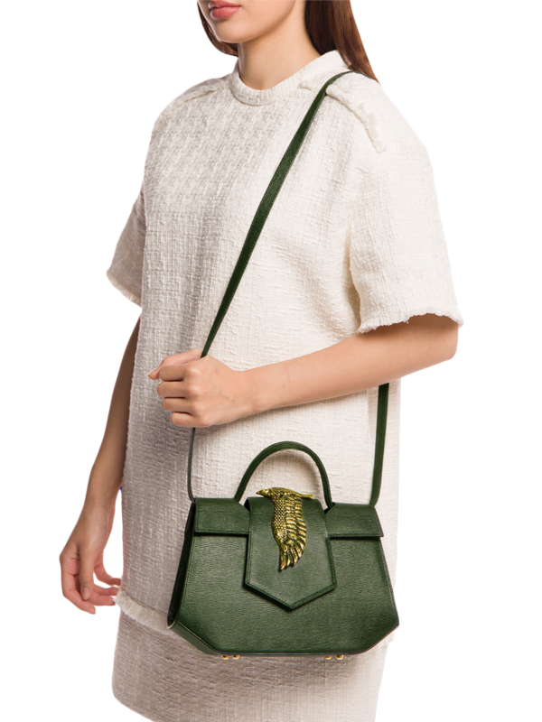 Structured Handbag with Cutout Flap and Statement Eagle Embellishment